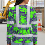 Hi Vis Long Sleeve Shirt Reflective Tapes Green Neon Violet Frog Custom Name Safety Workwear For Workers, Truckers, Operators
