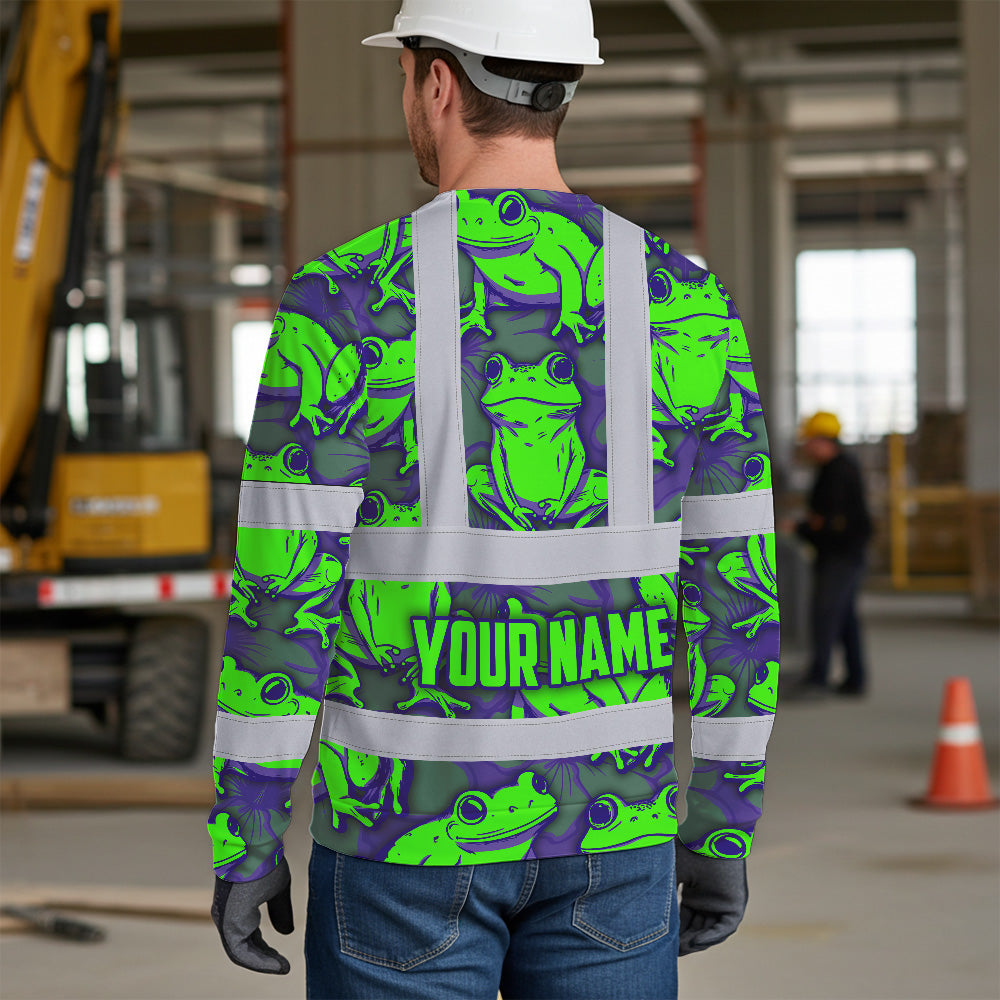 Hi Vis Long Sleeve Shirt Reflective Tapes Green Neon Violet Frog Custom Name Safety Workwear For Workers, Truckers, Operators