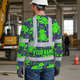 Hi Vis Long Sleeve Shirt Reflective Tapes Green Neon Violet Frog Custom Name Safety Workwear For Workers, Truckers, Operators