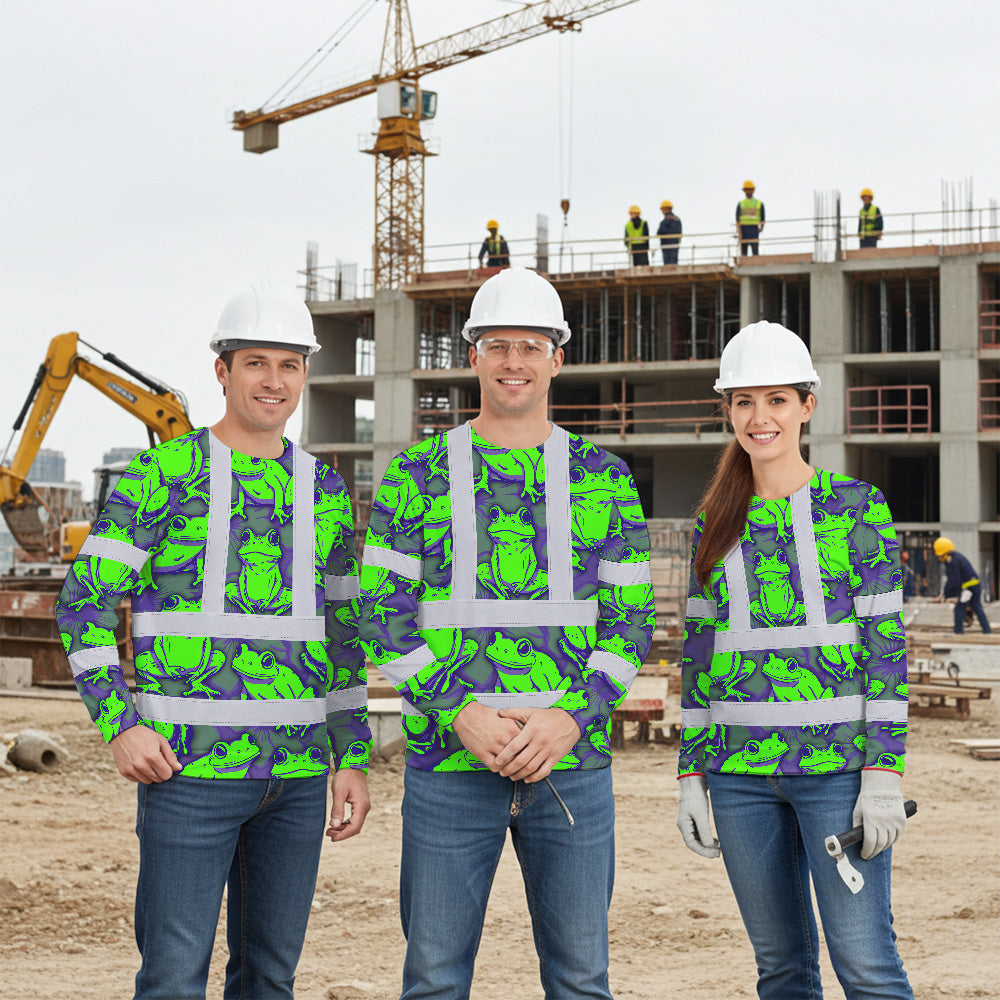 Hi Vis Long Sleeve Shirt Reflective Tapes Green Neon Violet Frog Custom Name Safety Workwear For Workers, Truckers, Operators