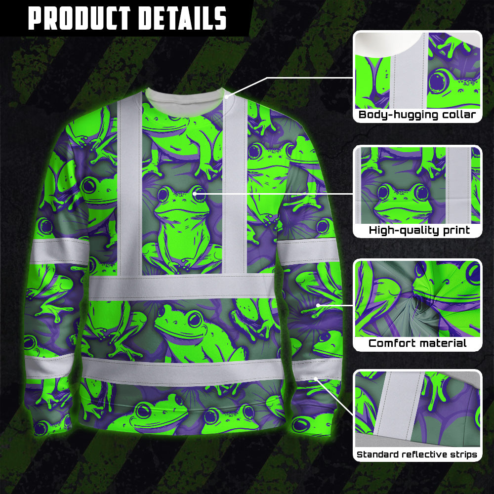 Hi Vis Long Sleeve Shirt Reflective Tapes Green Neon Violet Frog Custom Name Safety Workwear For Workers, Truckers, Operators