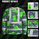 Hi Vis Long Sleeve Shirt Reflective Tapes Green Neon Violet Frog Custom Name Safety Workwear For Workers, Truckers, Operators