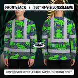 Hi Vis Long Sleeve Shirt Reflective Tapes Green Neon Violet Frog Custom Name Safety Workwear For Workers, Truckers, Operators