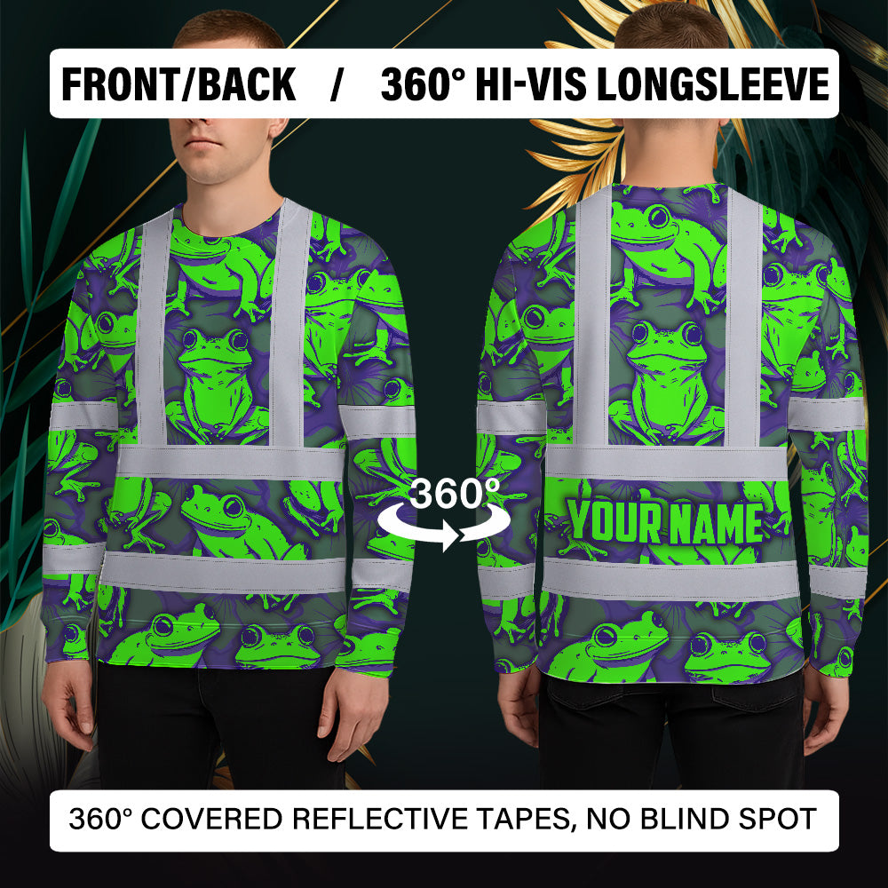 Hi Vis Long Sleeve Shirt Reflective Tapes Green Neon Violet Frog Custom Name Safety Workwear For Workers, Truckers, Operators