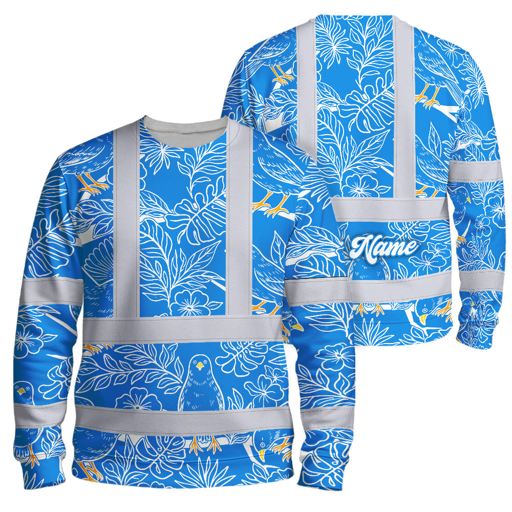 Hi Vis Long Sleeve Shirt Reflective Tapes Blue Neon White 2 Flowers Custom Name Safety Workwear For Workers, Truckers, Operators