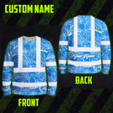 Hi Vis Long Sleeve Shirt Reflective Tapes Blue Neon White 2 Flowers Custom Name Safety Workwear For Workers, Truckers, Operators