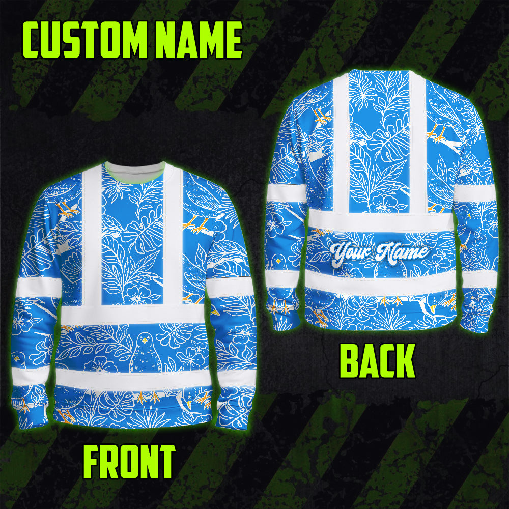Hi Vis Long Sleeve Shirt Reflective Tapes Blue Neon White 2 Flowers Custom Name Safety Workwear For Workers, Truckers, Operators