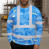 Hi Vis Long Sleeve Shirt Reflective Tapes Blue Neon White 2 Flowers Custom Name Safety Workwear For Workers, Truckers, Operators