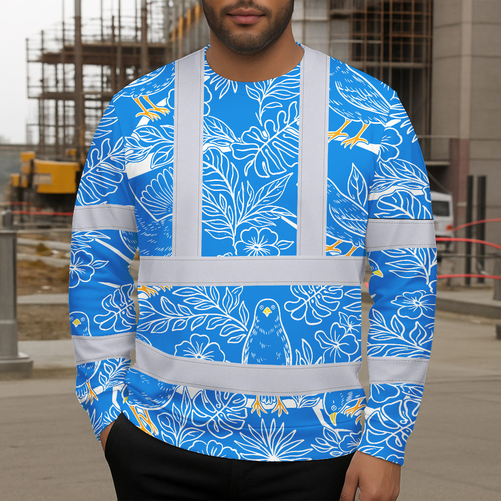 Hi Vis Long Sleeve Shirt Reflective Tapes Blue Neon White 2 Flowers Custom Name Safety Workwear For Workers, Truckers, Operators