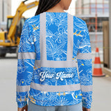 Hi Vis Long Sleeve Shirt Reflective Tapes Blue Neon White 2 Flowers Custom Name Safety Workwear For Workers, Truckers, Operators