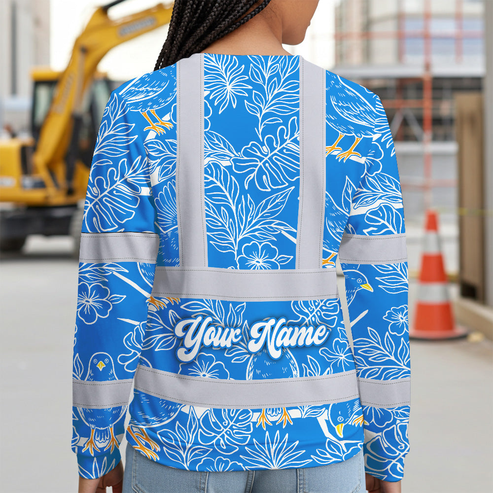 Hi Vis Long Sleeve Shirt Reflective Tapes Blue Neon White 2 Flowers Custom Name Safety Workwear For Workers, Truckers, Operators