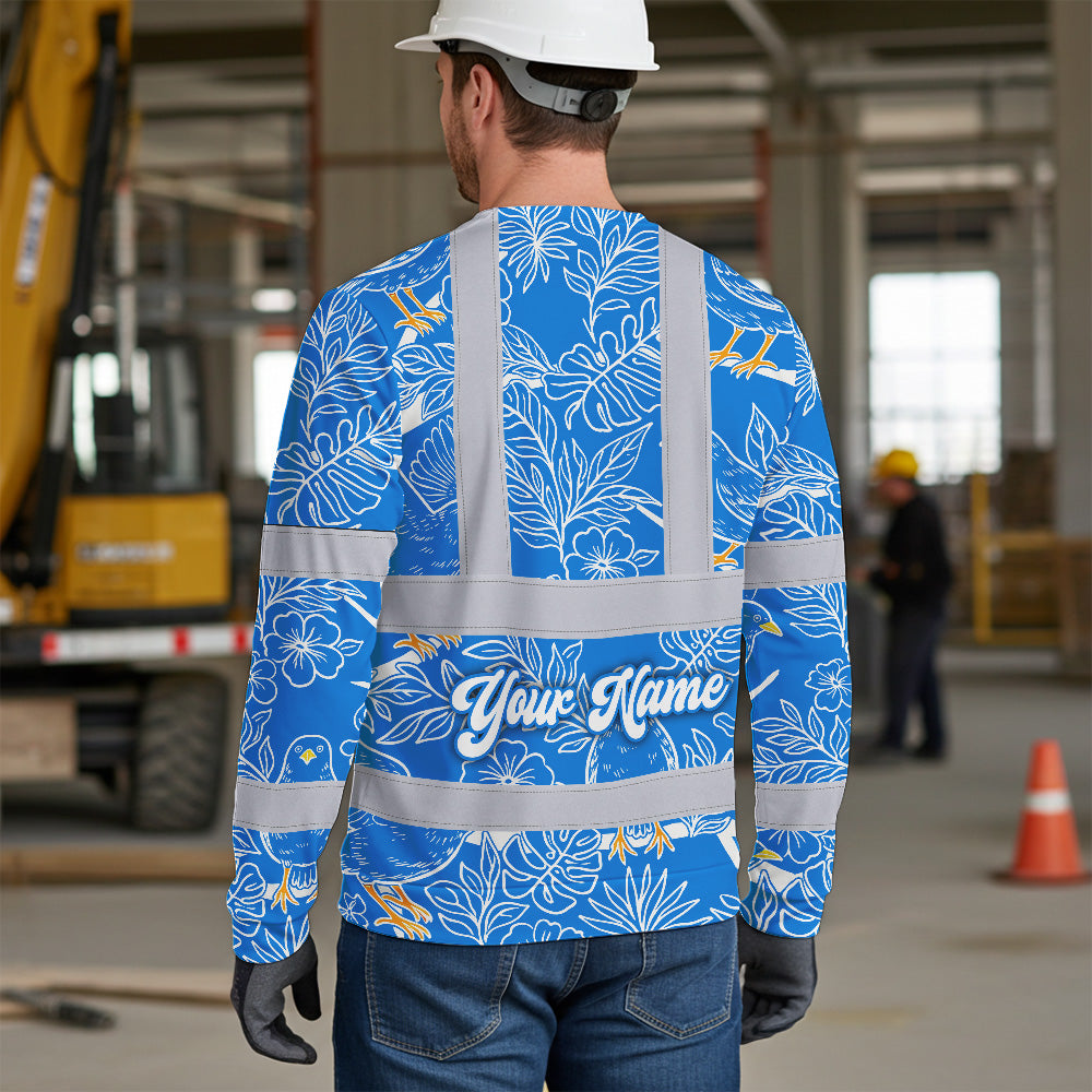 Hi Vis Long Sleeve Shirt Reflective Tapes Blue Neon White 2 Flowers Custom Name Safety Workwear For Workers, Truckers, Operators