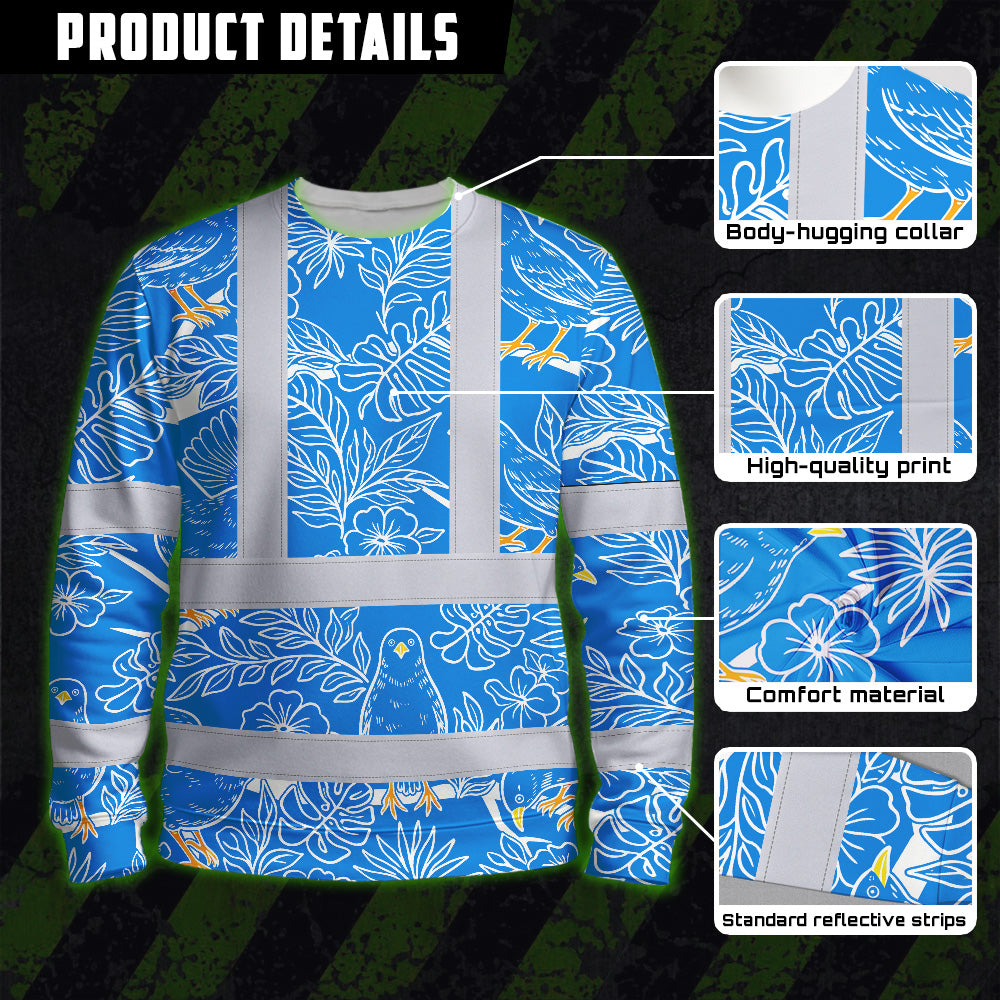 Hi Vis Long Sleeve Shirt Reflective Tapes Blue Neon White 2 Flowers Custom Name Safety Workwear For Workers, Truckers, Operators