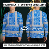 Hi Vis Long Sleeve Shirt Reflective Tapes Blue Neon White 2 Flowers Custom Name Safety Workwear For Workers, Truckers, Operators