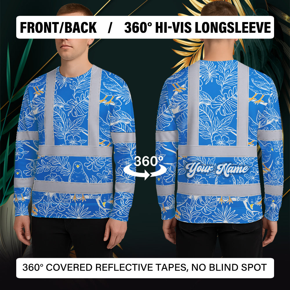 Hi Vis Long Sleeve Shirt Reflective Tapes Blue Neon White 2 Flowers Custom Name Safety Workwear For Workers, Truckers, Operators