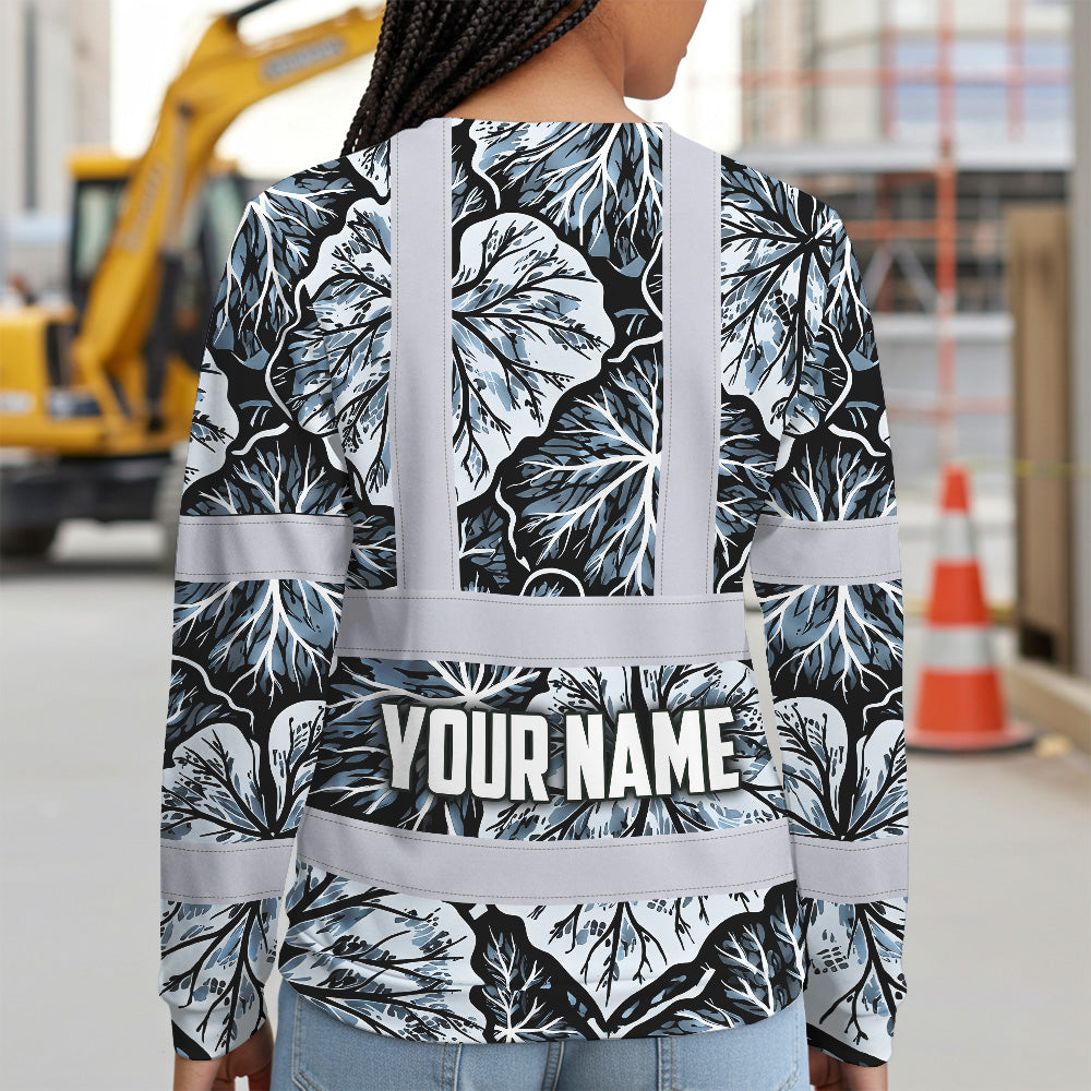 Hi Vis Long Sleeve Shirt Reflective Tapes Black Grey Flowers Custom Name Safety Workwear For Workers, Truckers, Operators