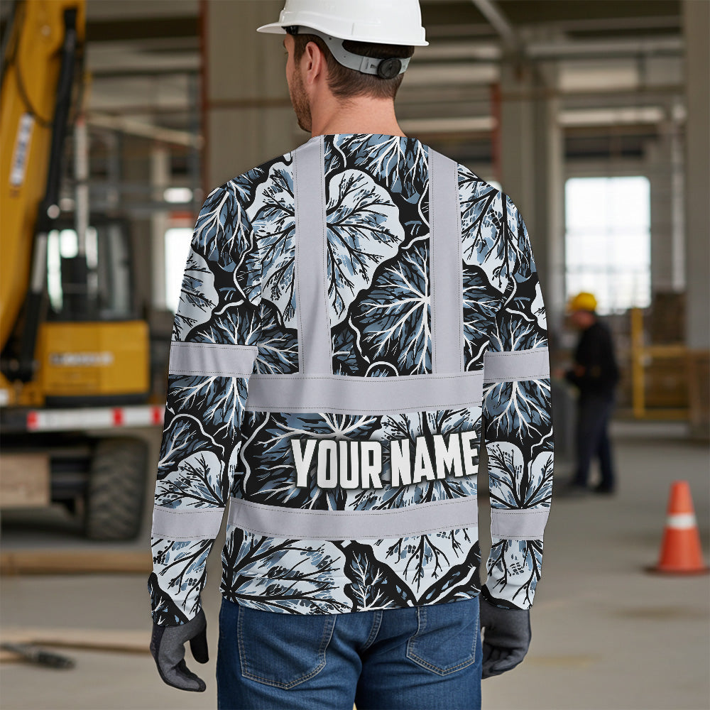 Hi Vis Long Sleeve Shirt Reflective Tapes Black Grey Flowers Custom Name Safety Workwear For Workers, Truckers, Operators