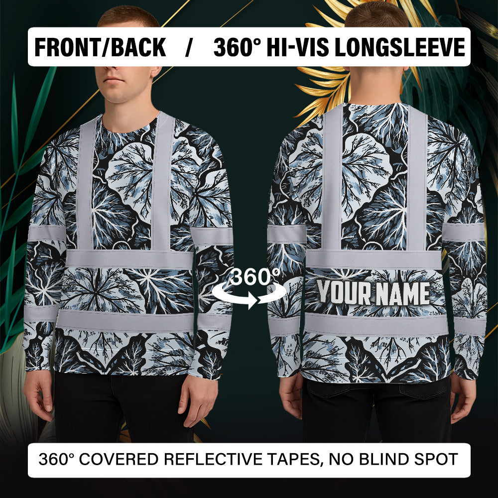 Hi Vis Long Sleeve Shirt Reflective Tapes Black Grey Flowers Custom Name Safety Workwear For Workers, Truckers, Operators