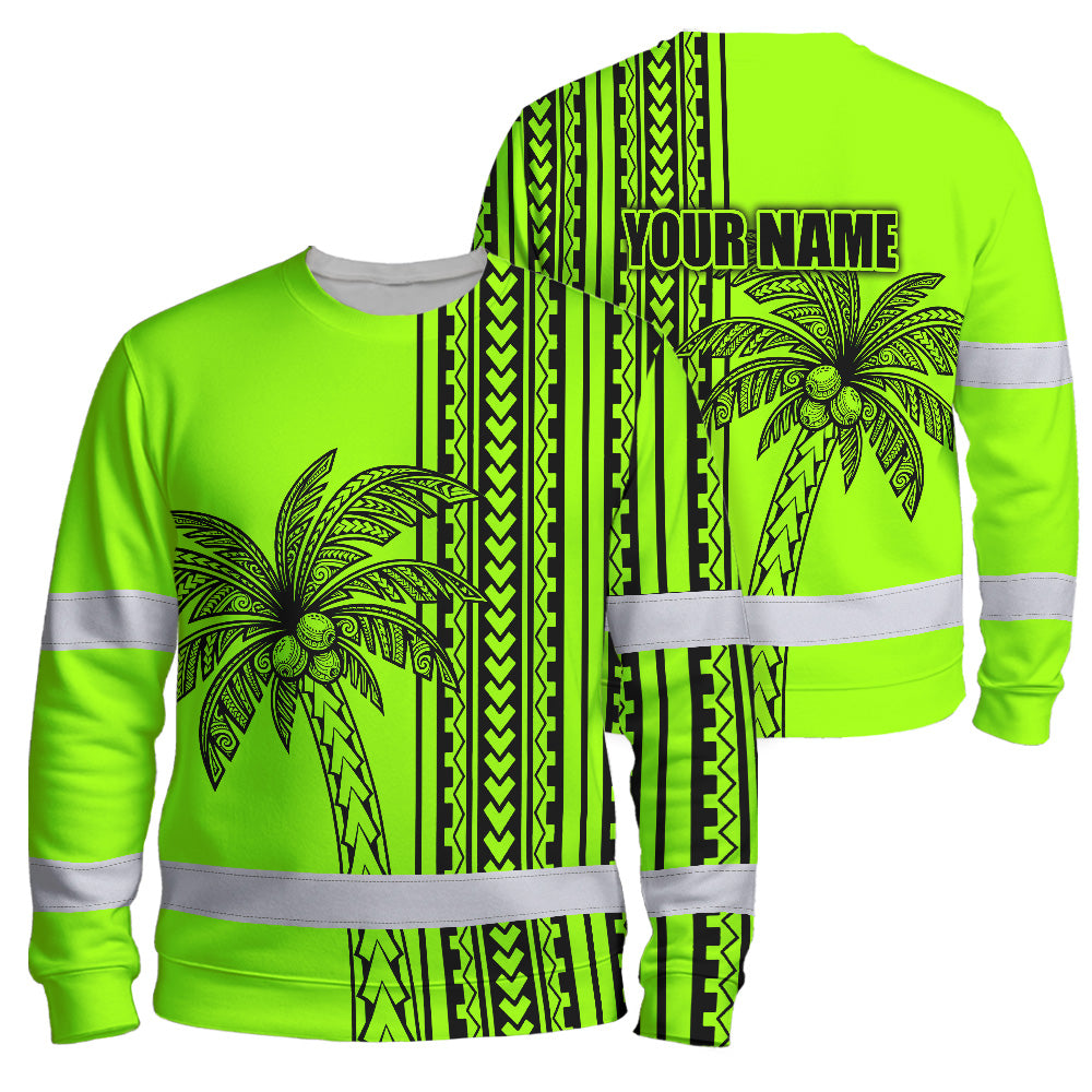 Hi Vis Long Sleeve Shirt Reflective Tapes Lime Neon Polynesian And Tree Custom Name Safety Workwear For Workers, Truckers, Operators