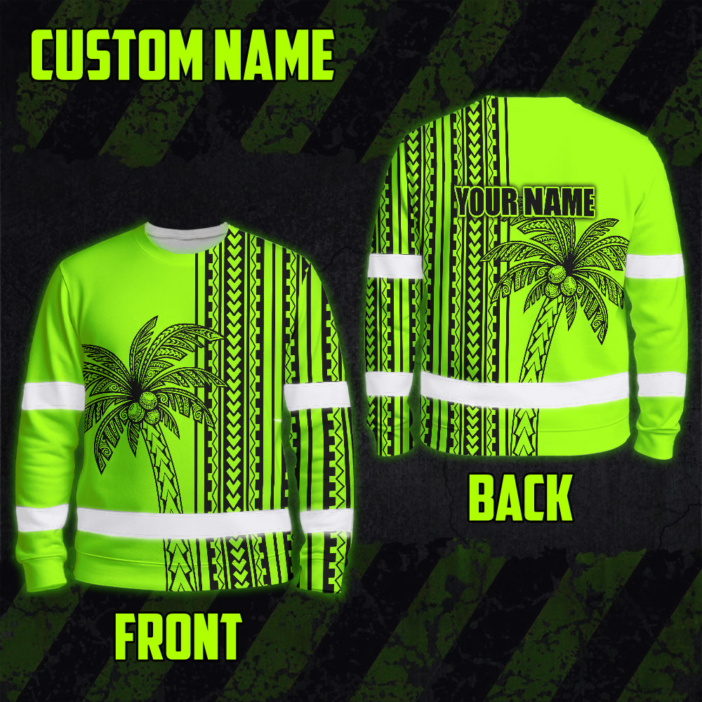 Hi Vis Long Sleeve Shirt Reflective Tapes Lime Neon Polynesian And Tree Custom Name Safety Workwear For Workers, Truckers, Operators