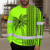 Hi Vis Long Sleeve Shirt Reflective Tapes Lime Neon Polynesian And Tree Custom Name Safety Workwear For Workers, Truckers, Operators