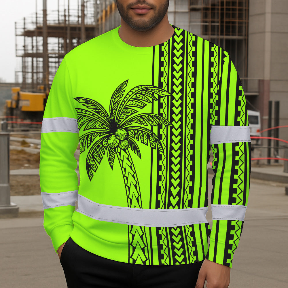 Hi Vis Long Sleeve Shirt Reflective Tapes Lime Neon Polynesian And Tree Custom Name Safety Workwear For Workers, Truckers, Operators