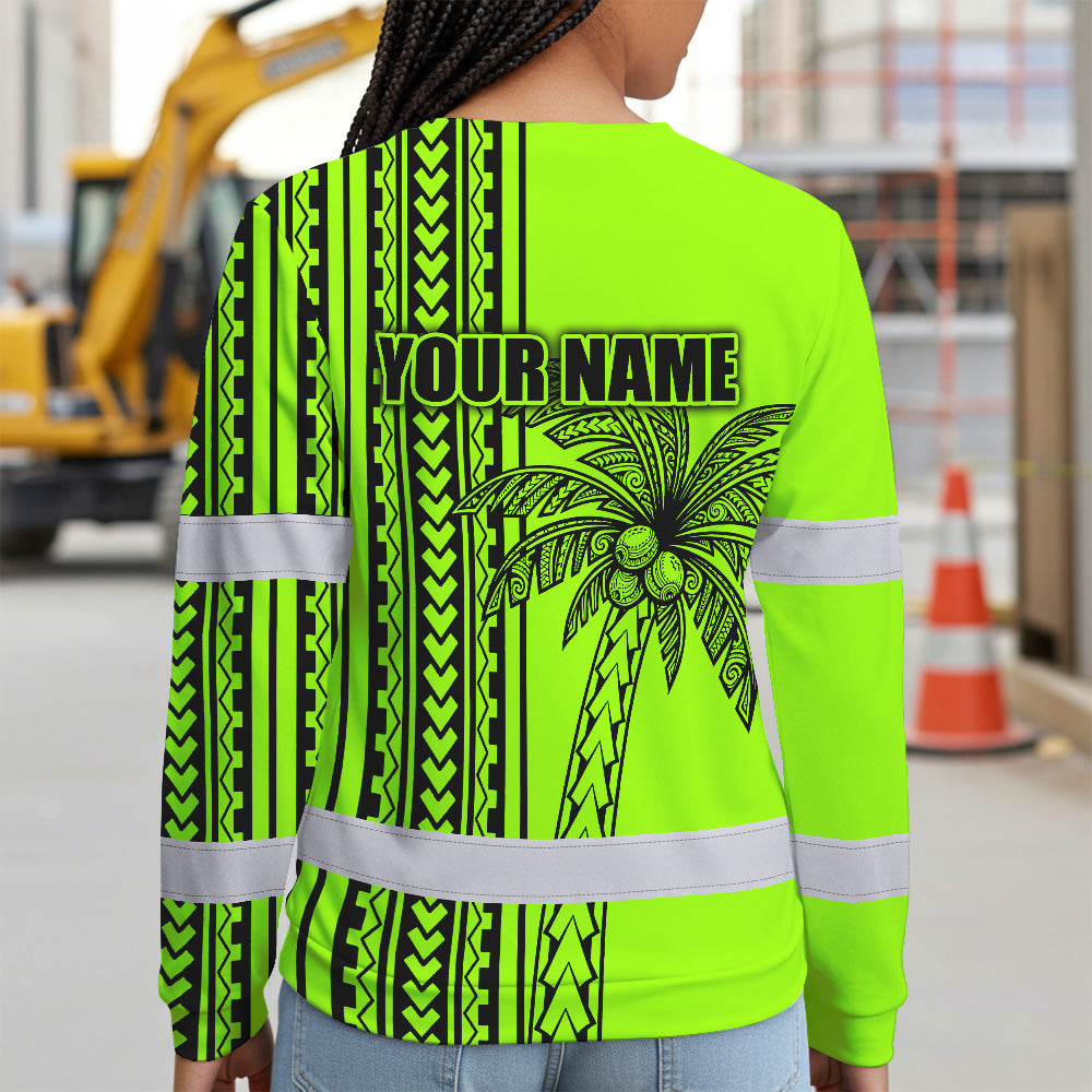 Hi Vis Long Sleeve Shirt Reflective Tapes Lime Neon Polynesian And Tree Custom Name Safety Workwear For Workers, Truckers, Operators