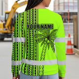 Hi Vis Long Sleeve Shirt Reflective Tapes Lime Neon Polynesian And Tree Custom Name Safety Workwear For Workers, Truckers, Operators