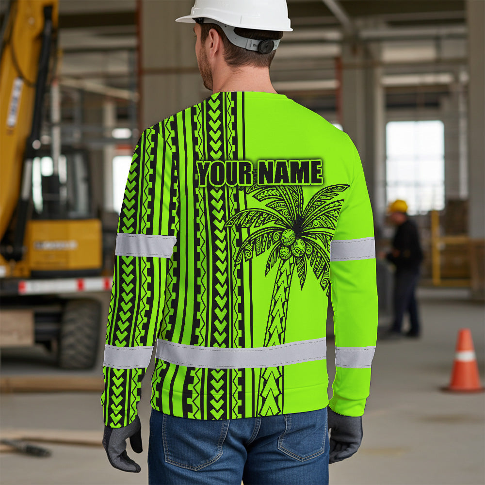 Hi Vis Long Sleeve Shirt Reflective Tapes Lime Neon Polynesian And Tree Custom Name Safety Workwear For Workers, Truckers, Operators
