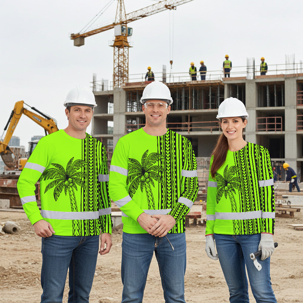 Hi Vis Long Sleeve Shirt Reflective Tapes Lime Neon Polynesian And Tree Custom Name Safety Workwear For Workers, Truckers, Operators