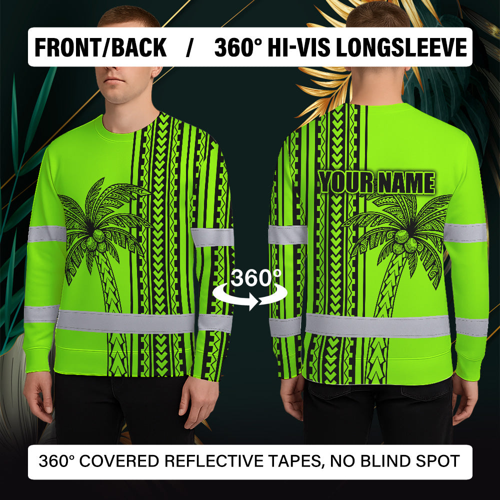 Hi Vis Long Sleeve Shirt Reflective Tapes Lime Neon Polynesian And Tree Custom Name Safety Workwear For Workers, Truckers, Operators