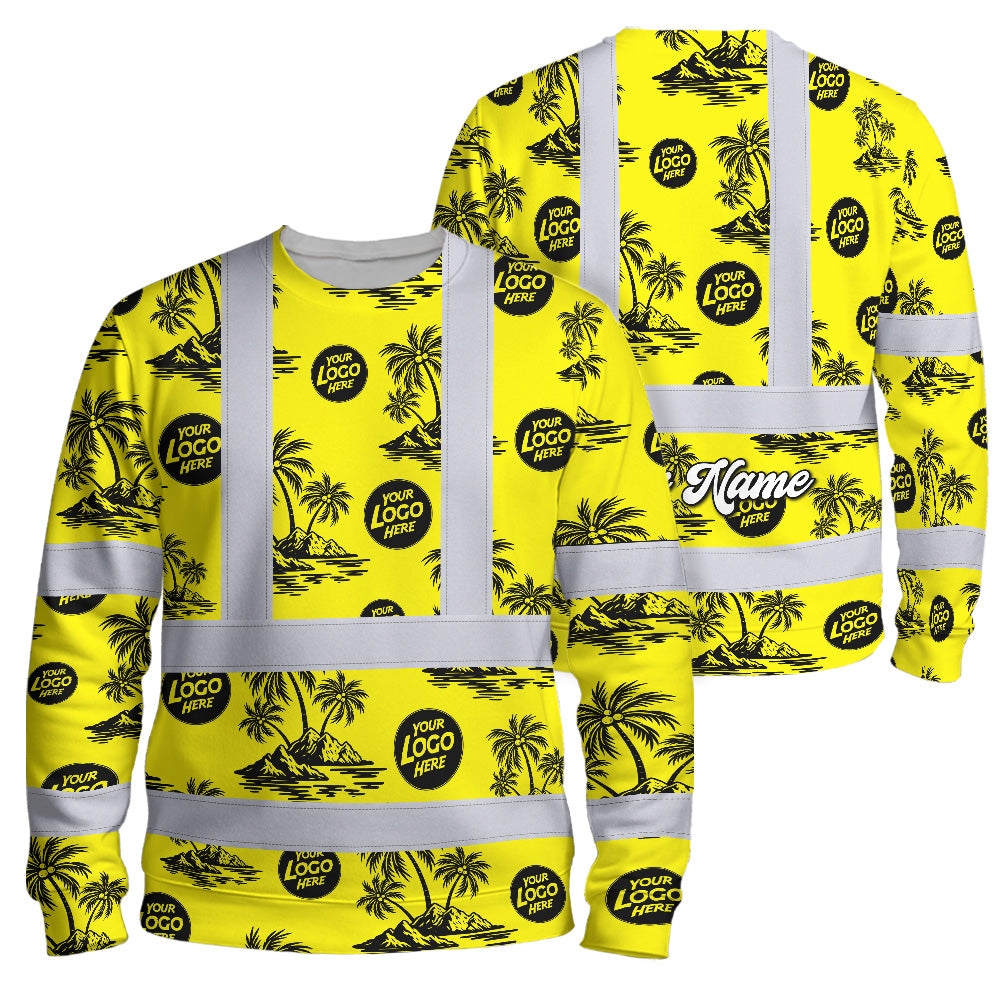 Hi Vis Long Sleeve  Reflective Tapes Yellow Neon And Black Flowers Custom Name And Logo Safety Workwear For Truckers, Operators, Company