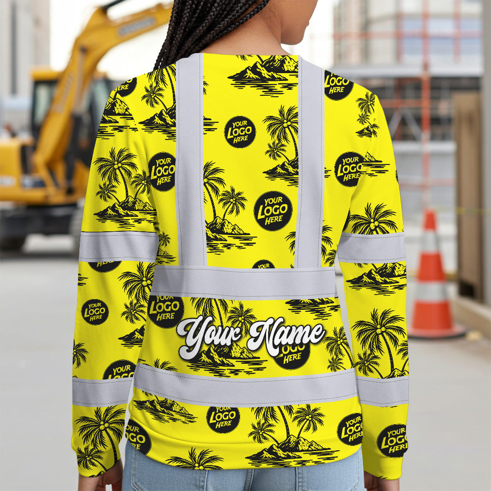 Hi Vis Long Sleeve  Reflective Tapes Yellow Neon And Black Flowers Custom Name And Logo Safety Workwear For Truckers, Operators, Company