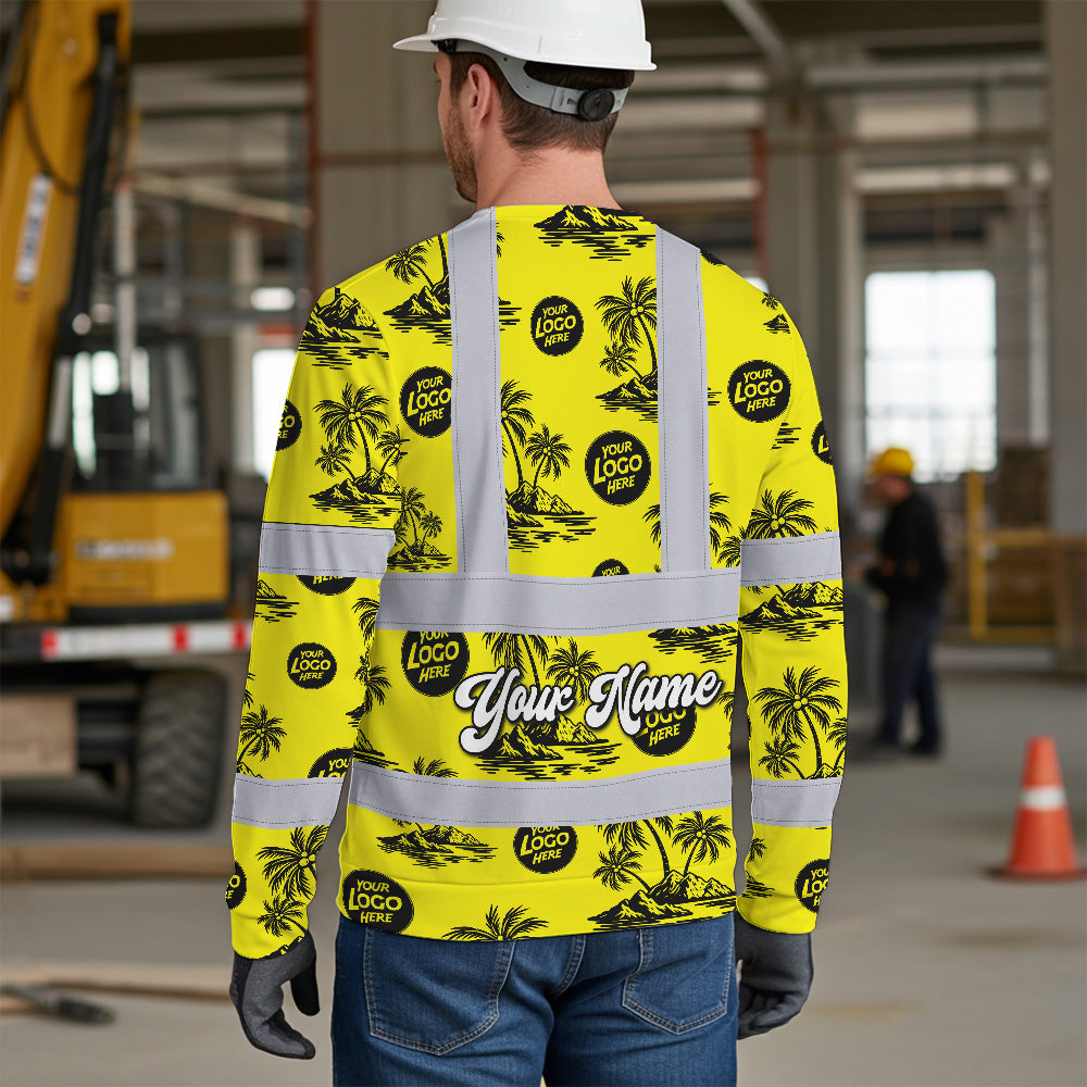 Hi Vis Long Sleeve  Reflective Tapes Yellow Neon And Black Flowers Custom Name And Logo Safety Workwear For Truckers, Operators, Company