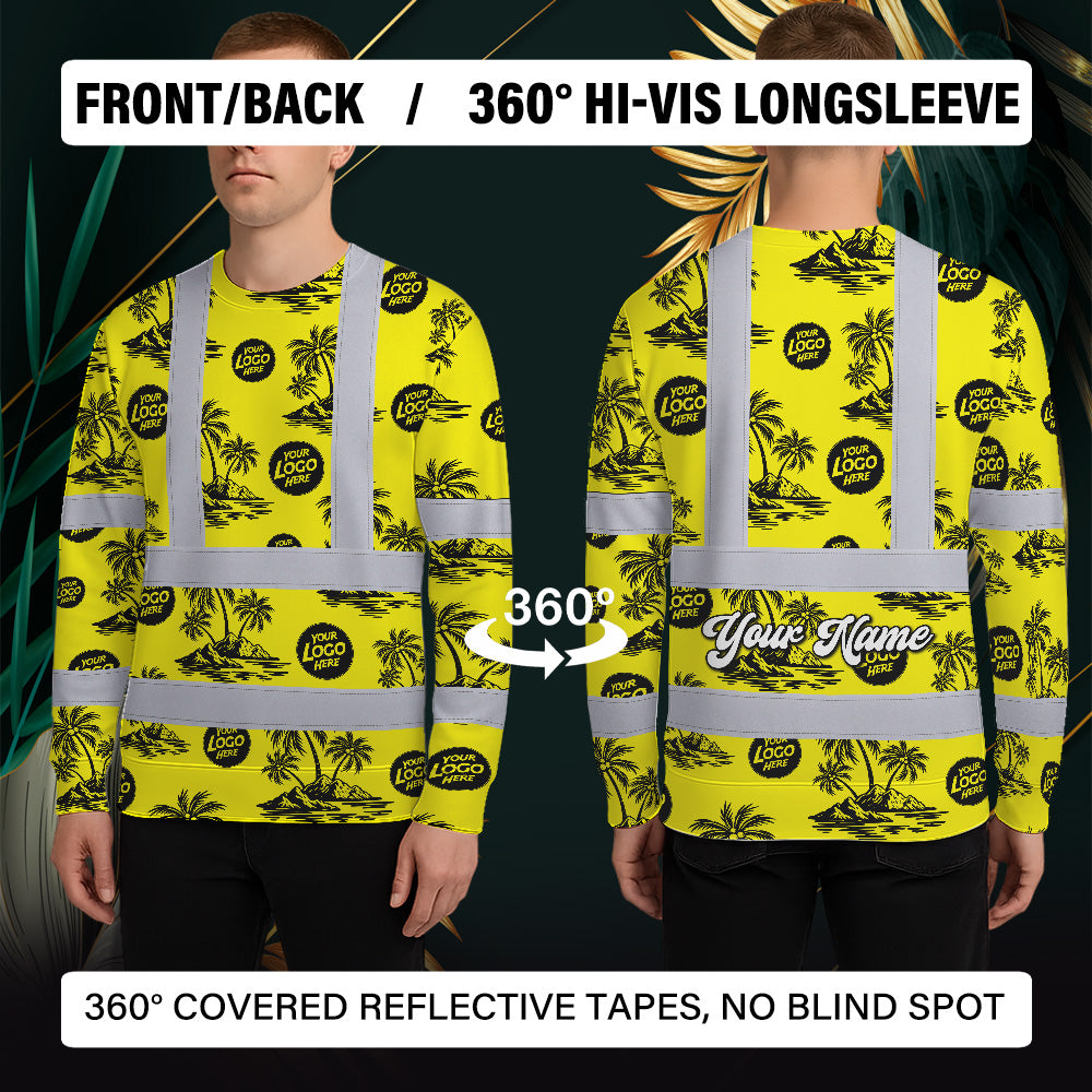Hi Vis Long Sleeve  Reflective Tapes Yellow Neon And Black Flowers Custom Name And Logo Safety Workwear For Truckers, Operators, Company
