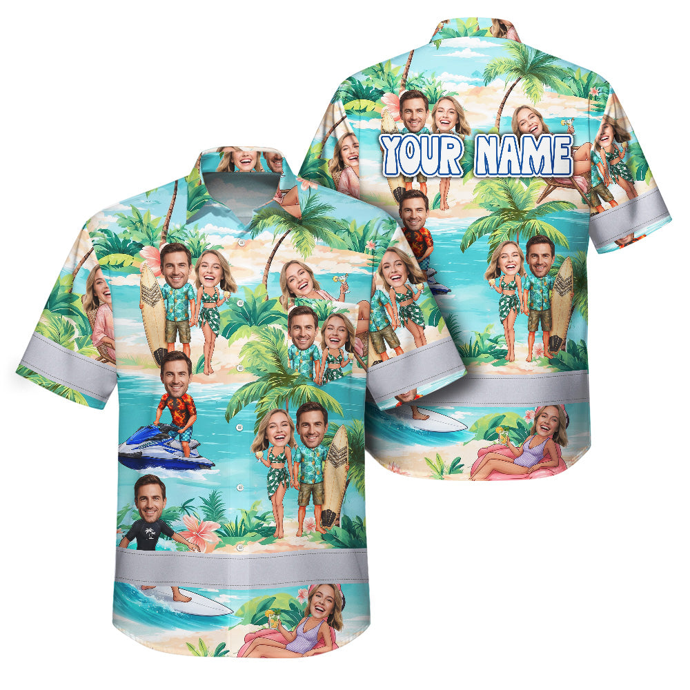 Hi Vis Hawaiian Shirt Reflective Tapes Funny Couple Beach Custom Name And Image Safety Workwear For Workers, Truckers, Operators
