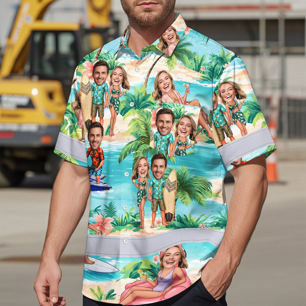 Hi Vis Hawaiian Shirt Reflective Tapes Funny Couple Beach Custom Name And Image Safety Workwear For Workers, Truckers, Operators