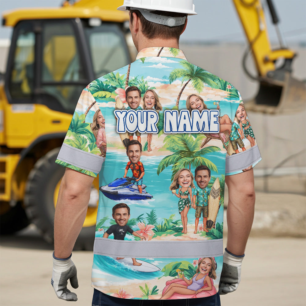 Hi Vis Hawaiian Shirt Reflective Tapes Funny Couple Beach Custom Name And Image Safety Workwear For Workers, Truckers, Operators