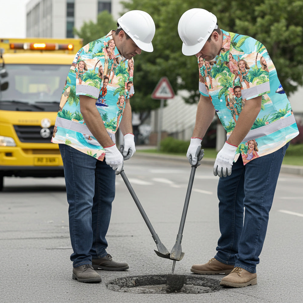 Hi Vis Hawaiian Shirt Reflective Tapes Funny Couple Beach Custom Name And Image Safety Workwear For Workers, Truckers, Operators