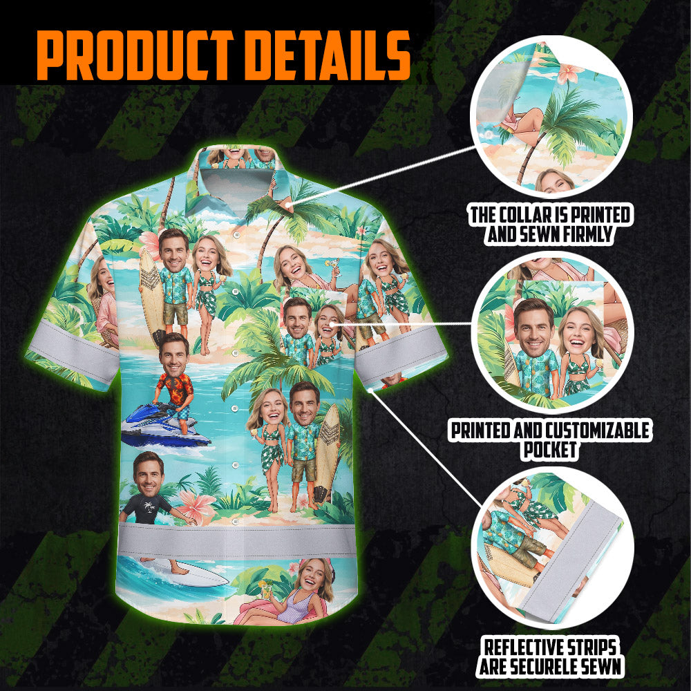 Hi Vis Hawaiian Shirt Reflective Tapes Funny Couple Beach Custom Name And Image Safety Workwear For Workers, Truckers, Operators