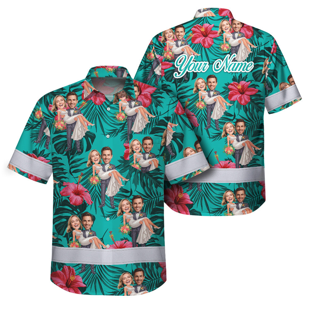 Hi Vis Hawaiian Shirt Reflective Tapes Funny Couple Wedding Custom Name And Image Safety Workwear For Workers, Truckers, Operators