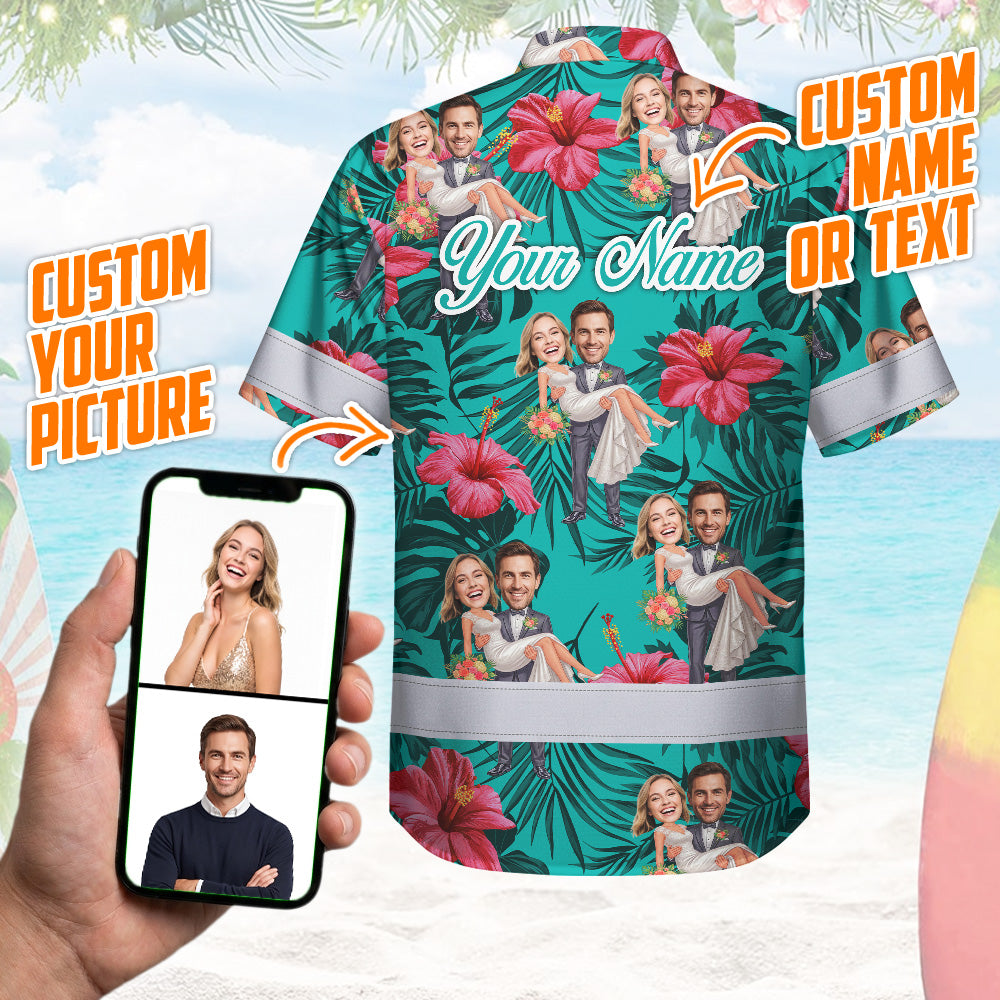 Hi Vis Hawaiian Shirt Reflective Tapes Funny Couple Wedding Custom Name And Image Safety Workwear For Workers, Truckers, Operators