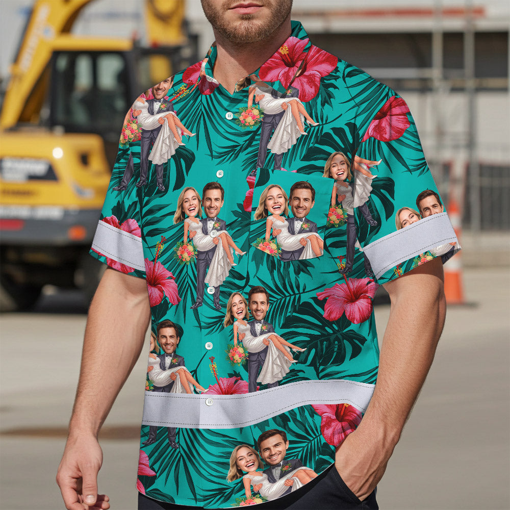 Hi Vis Hawaiian Shirt Reflective Tapes Funny Couple Wedding Custom Name And Image Safety Workwear For Workers, Truckers, Operators