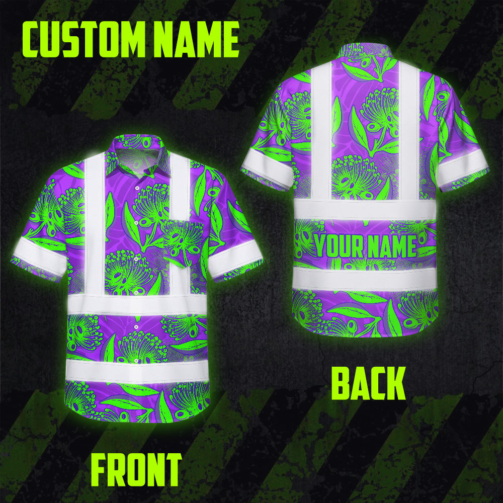 Hi Vis Hawaiian Shirt Reflective Tapes Violet Green Ohia Lehua Custom Name Safety Workwear For Workers, Truckers, Operators