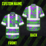 Hi Vis Hawaiian Shirt Reflective Tapes Violet Green Ohia Lehua Custom Name Safety Workwear For Workers, Truckers, Operators