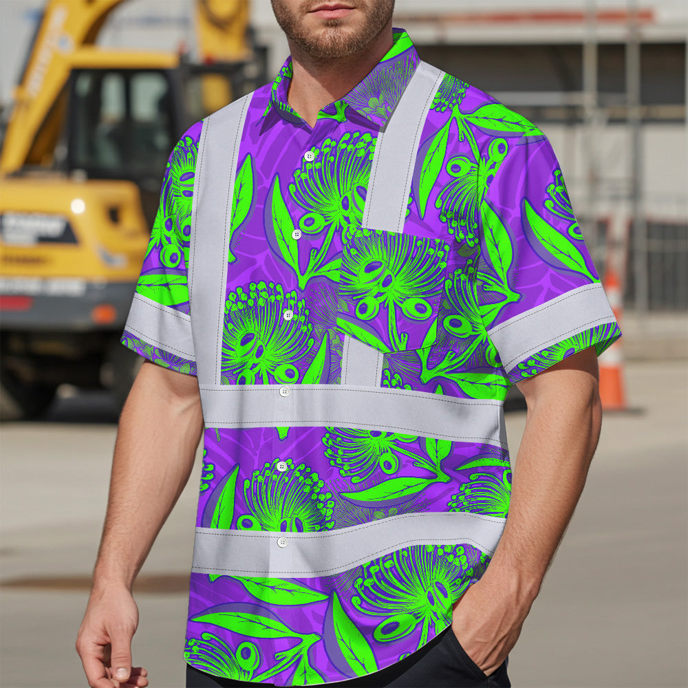 Hi Vis Hawaiian Shirt Reflective Tapes Violet Green Ohia Lehua Custom Name Safety Workwear For Workers, Truckers, Operators