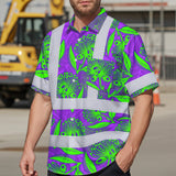 Hi Vis Hawaiian Shirt Reflective Tapes Violet Green Ohia Lehua Custom Name Safety Workwear For Workers, Truckers, Operators