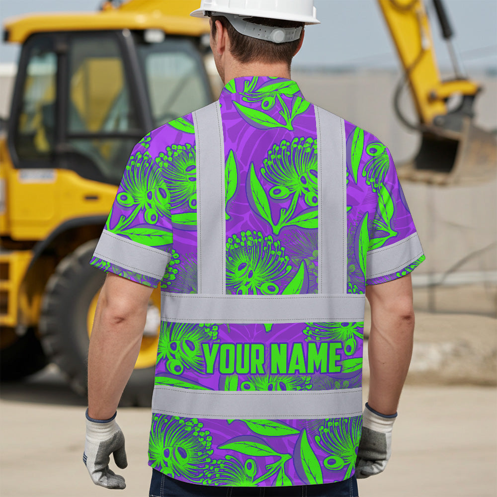 Hi Vis Hawaiian Shirt Reflective Tapes Violet Green Ohia Lehua Custom Name Safety Workwear For Workers, Truckers, Operators
