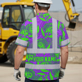 Hi Vis Hawaiian Shirt Reflective Tapes Violet Green Ohia Lehua Custom Name Safety Workwear For Workers, Truckers, Operators