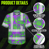 Hi Vis Hawaiian Shirt Reflective Tapes Violet Green Ohia Lehua Custom Name Safety Workwear For Workers, Truckers, Operators
